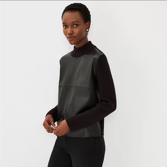 Ann Taylor Mixed Media Mock Neck Sweater with faux leather - Picture 1 of 10